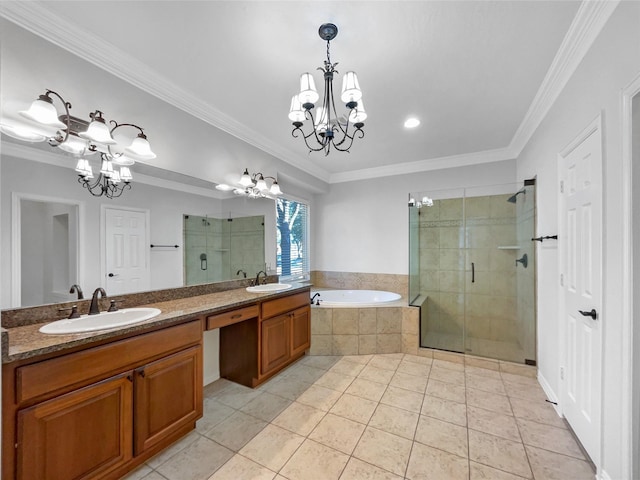 bathroom with an inviting chandelier, vanity, crown molding, and independent shower and bath