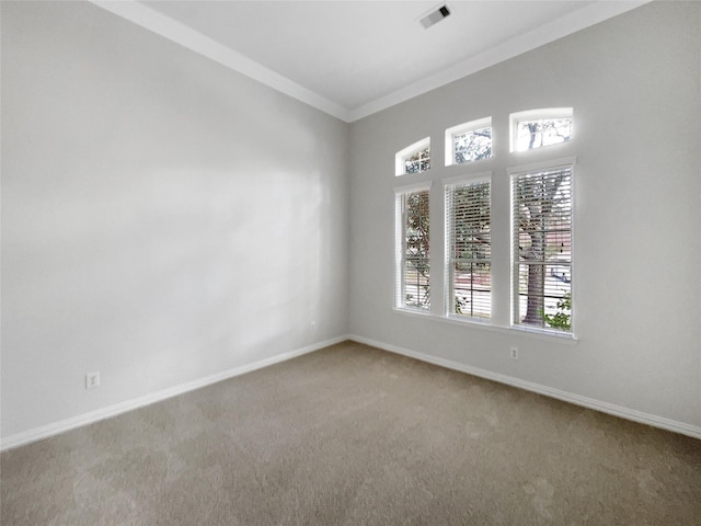 empty room with ornamental molding and carpet flooring