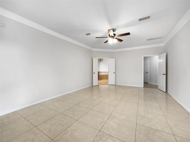 unfurnished bedroom with ceiling fan, ornamental molding, connected bathroom, and light tile patterned floors