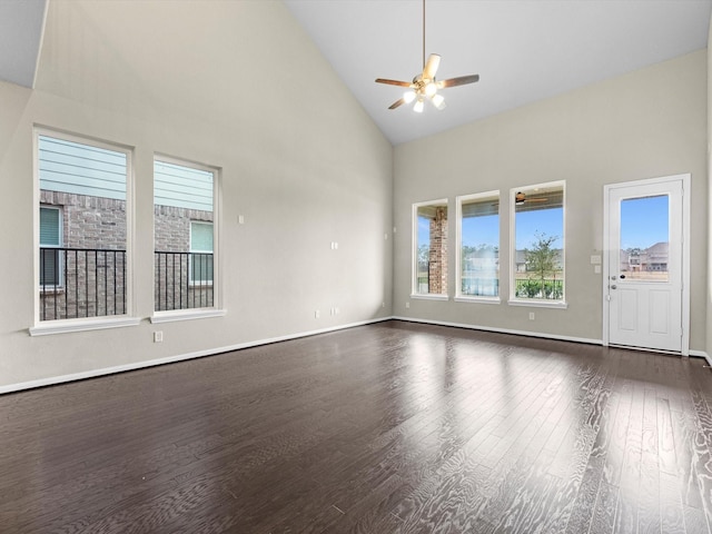 unfurnished living room with dark wood-type flooring, high vaulted ceiling, and ceiling fan