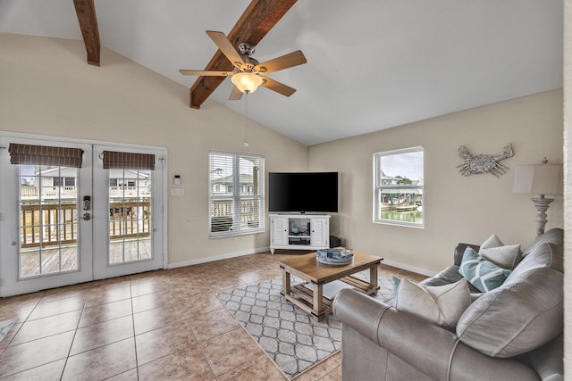 living room with french doors, a healthy amount of sunlight, light tile patterned floors, and vaulted ceiling with beams