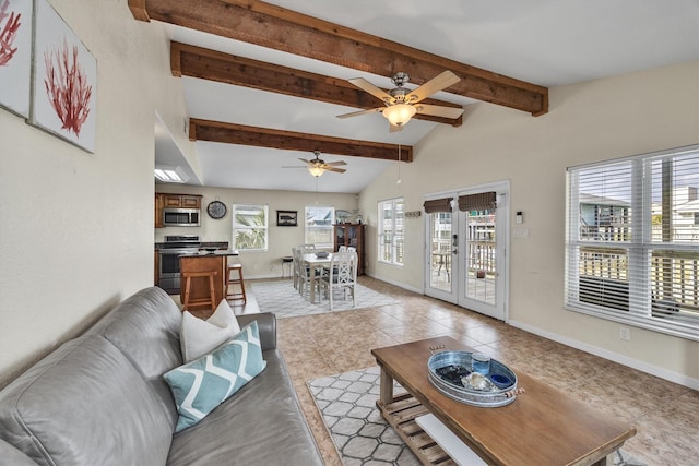 living room featuring french doors, light tile patterned flooring, and vaulted ceiling with beams