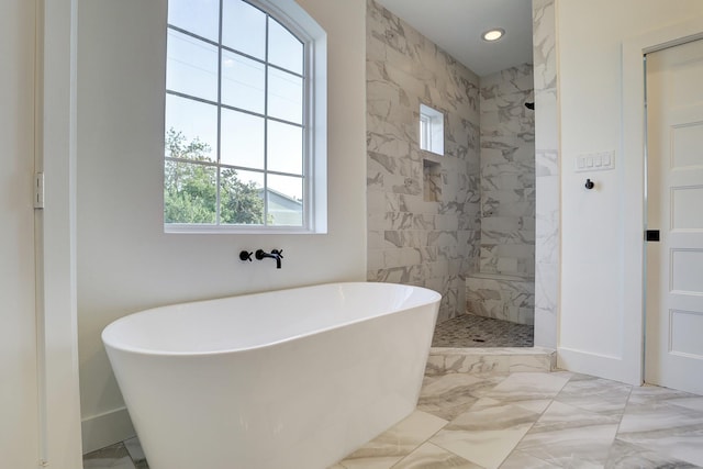 2221 Bevis St, Houston, TX 77008 - bathroom featuring a freestanding tub, a tile shower, marble finish flooring, and recessed lighting