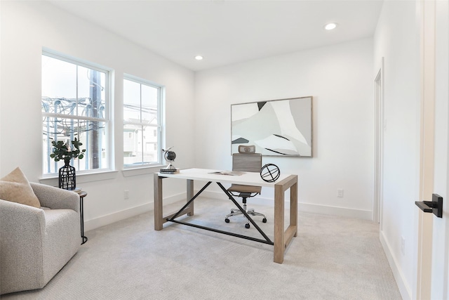 home office featuring recessed lighting, baseboards, and light colored carpet