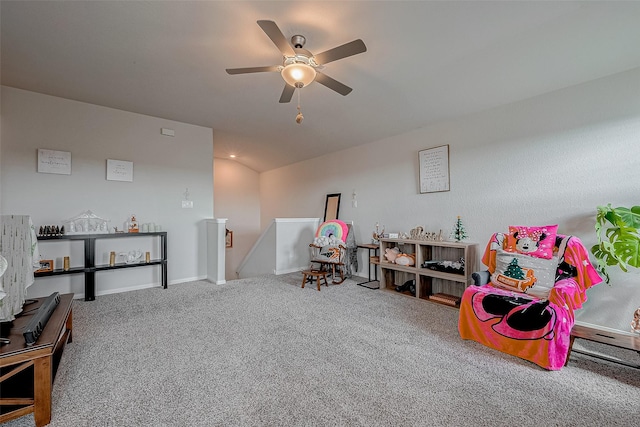 game room featuring ceiling fan, carpet flooring, and vaulted ceiling