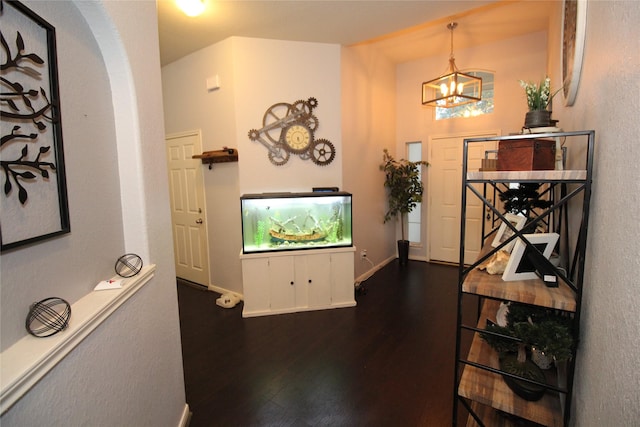 foyer featuring dark wood-type flooring and a chandelier