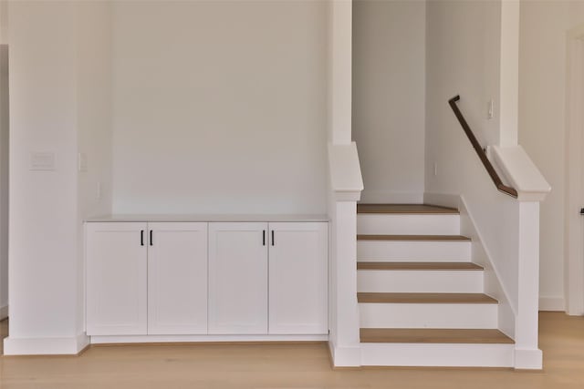 stairway with hardwood / wood-style floors