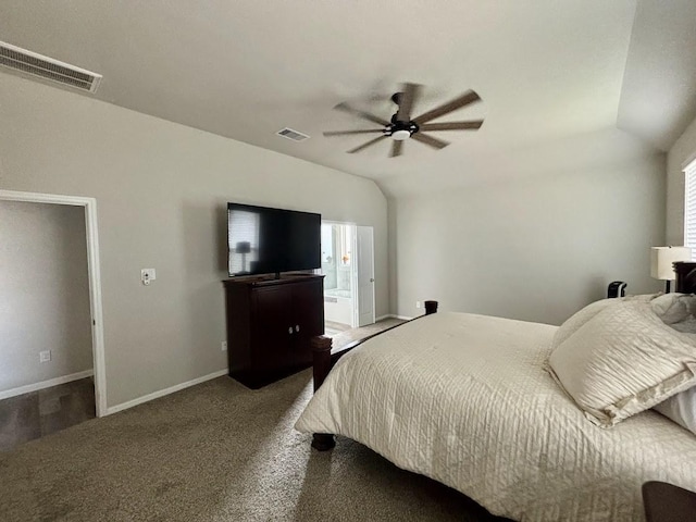 carpeted bedroom with vaulted ceiling and ceiling fan