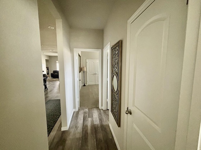 hallway with dark hardwood / wood-style floors