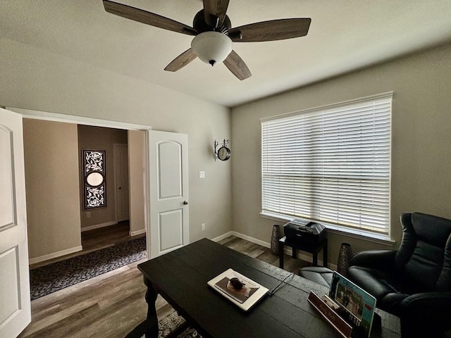 living room featuring wood-type flooring and ceiling fan