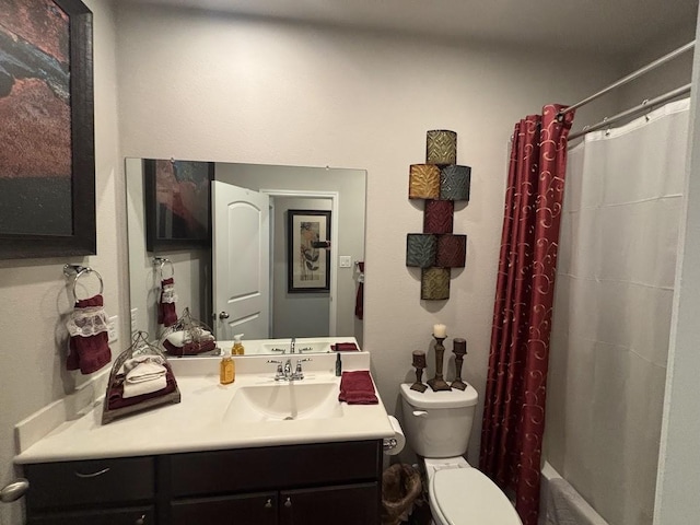 full bathroom with vanity, toilet, and shower / bathtub combination with curtain