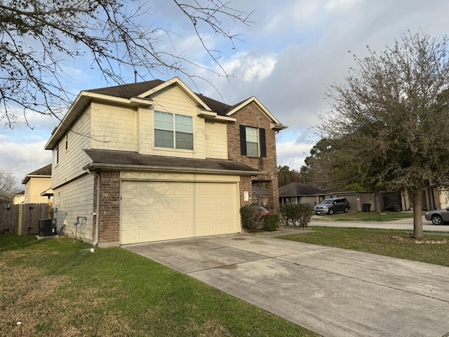 view of front of house featuring a garage, a front yard, and cooling unit