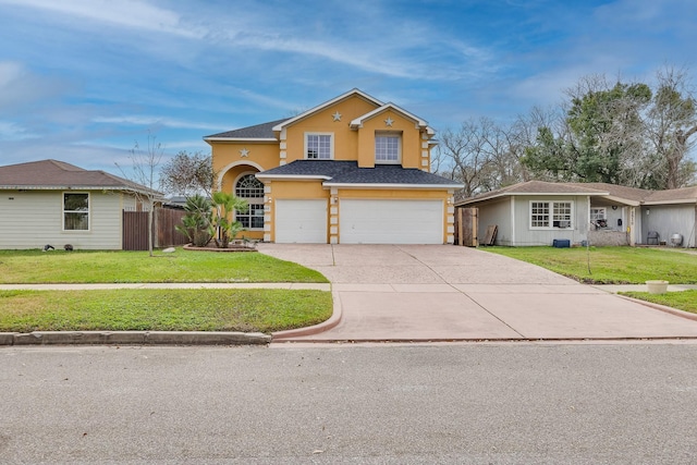 front facade with a garage and a front yard