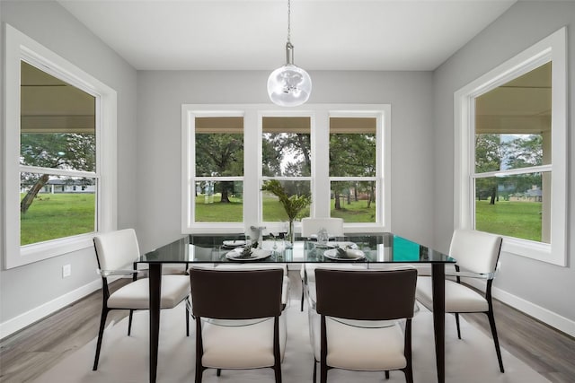 dining space featuring an inviting chandelier, baseboards, and wood finished floors