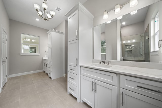 full bathroom with a stall shower, plenty of natural light, tile patterned flooring, and visible vents