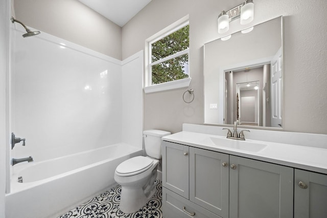 bathroom with toilet, tile patterned flooring, tub / shower combination, and vanity