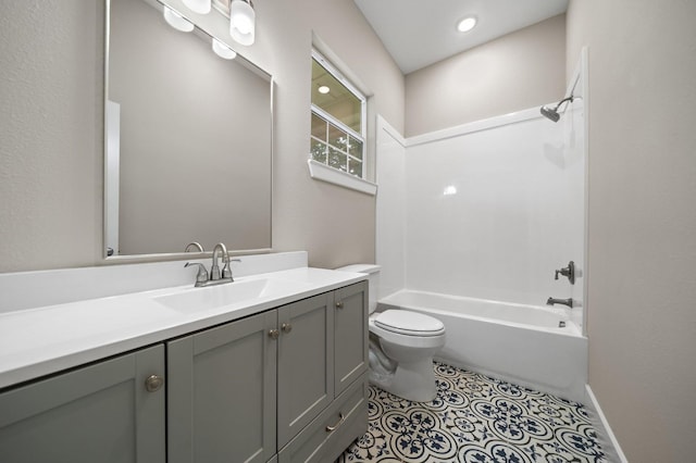 bathroom featuring toilet, shower / bath combination, tile patterned flooring, and vanity