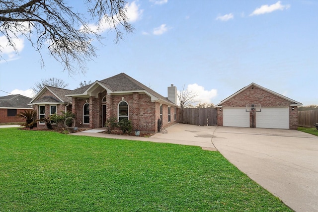 ranch-style home with concrete driveway, a chimney, fence, a front lawn, and brick siding