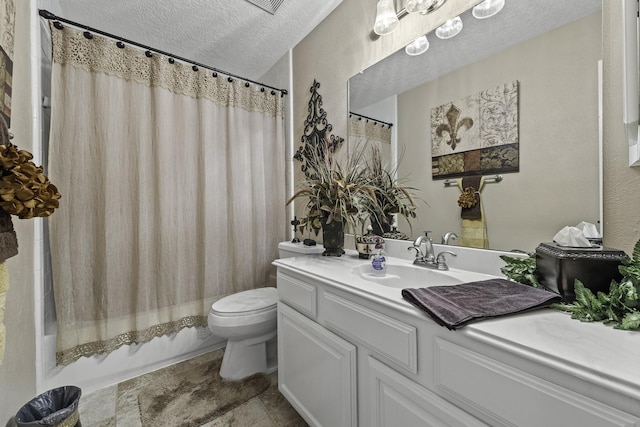 full bathroom featuring vanity, shower / tub combo, a textured ceiling, and toilet