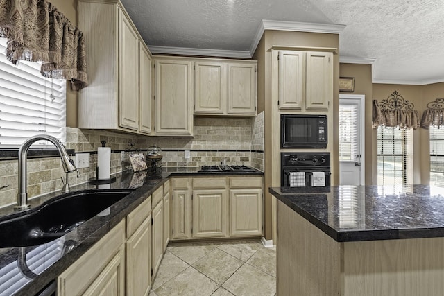 kitchen with sink, light tile patterned floors, backsplash, ornamental molding, and black appliances