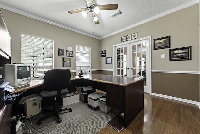 home office featuring french doors, crown molding, a textured ceiling, dark hardwood / wood-style flooring, and ceiling fan