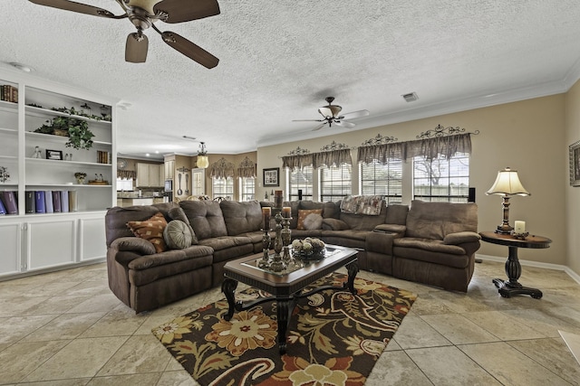 tiled living room featuring ceiling fan, crown molding, a wealth of natural light, and a textured ceiling