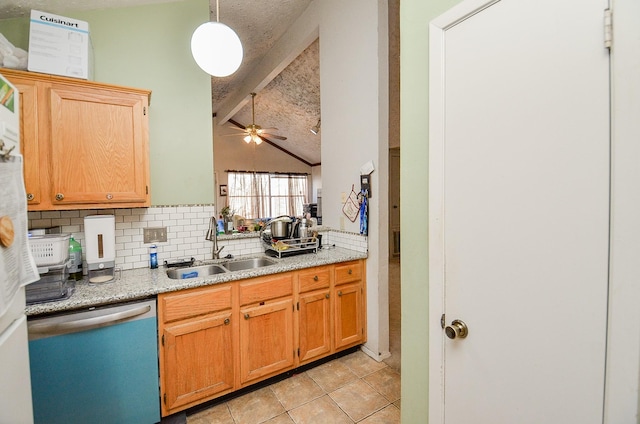 kitchen with sink, decorative light fixtures, stainless steel dishwasher, ceiling fan, and backsplash