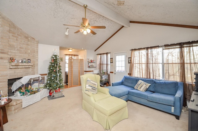 living room featuring vaulted ceiling with beams, light colored carpet, a textured ceiling, and a brick fireplace