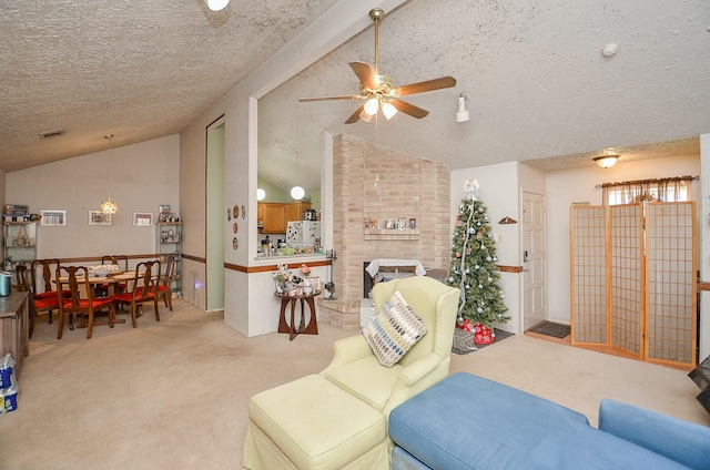 living room featuring light carpet, ceiling fan, vaulted ceiling, and a textured ceiling