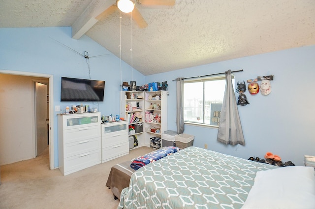 carpeted bedroom featuring vaulted ceiling with beams, a textured ceiling, and ceiling fan