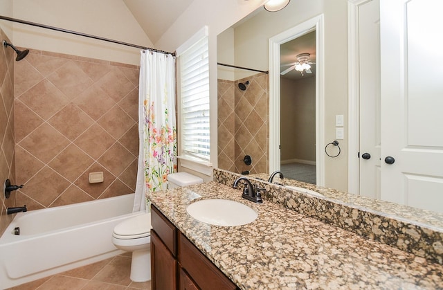 full bathroom featuring lofted ceiling, vanity, shower / tub combo, toilet, and tile patterned floors