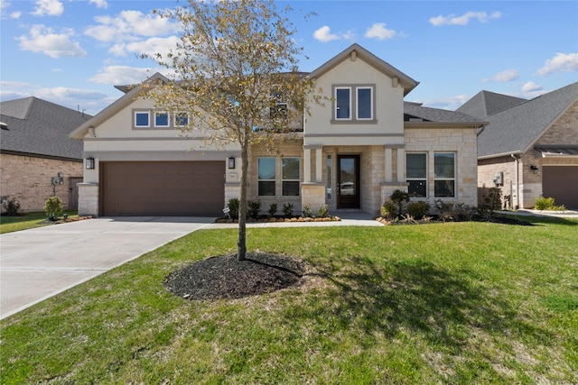 view of front facade featuring a garage, stone siding, concrete driveway, stucco siding, and a front lawn