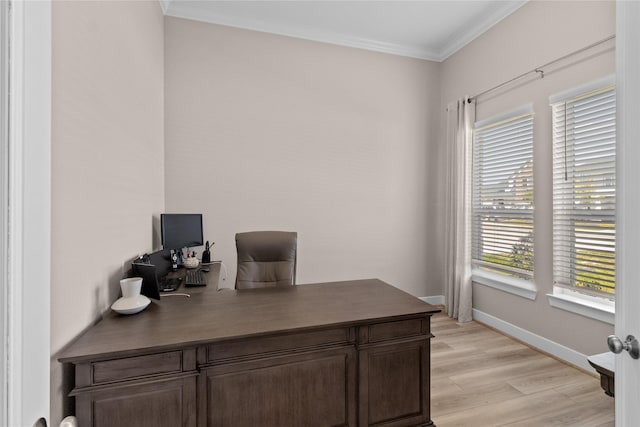 office area featuring baseboards, light wood finished floors, and crown molding