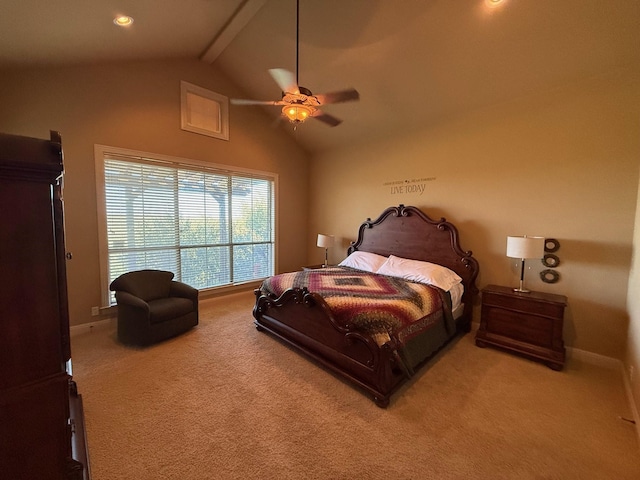 carpeted bedroom with lofted ceiling with beams and ceiling fan