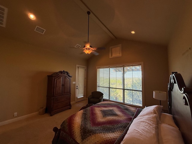 bedroom with ceiling fan, light carpet, and vaulted ceiling with beams