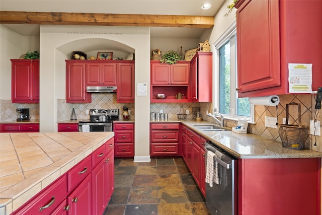 1017 Coventry Rd, Spicewood, TX 78669 - kitchen featuring stainless steel appliances, a sink, under cabinet range hood, dark stone finish flooring, and decorative backsplash
