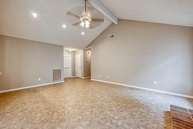 spare room with ceiling fan, beam ceiling, and high vaulted ceiling