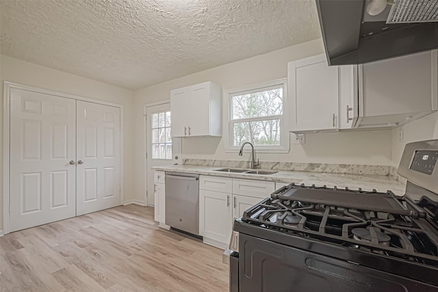 kitchen featuring white cabinetry, light hardwood / wood-style floors, sink, exhaust hood, and appliances with stainless steel finishes