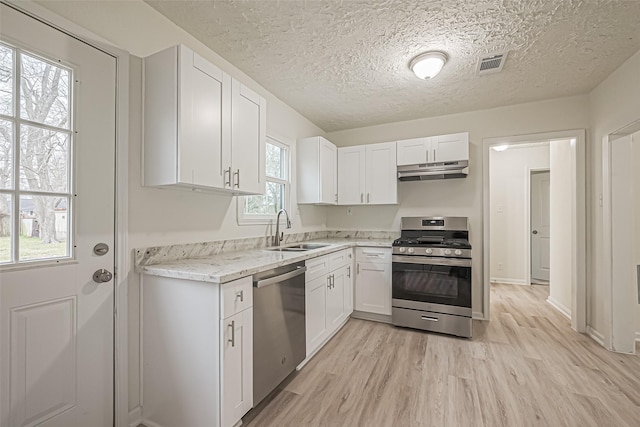 kitchen with appliances with stainless steel finishes, light hardwood / wood-style flooring, sink, and white cabinetry