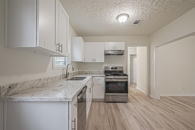 kitchen with white cabinets, light hardwood / wood-style flooring, sink, and stainless steel range with gas stovetop