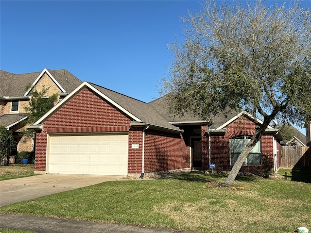 view of front of home with a garage, brick siding, fence, driveway, and a front lawn