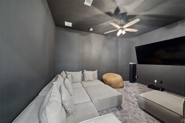 bedroom featuring carpet floors, ceiling fan, and visible vents