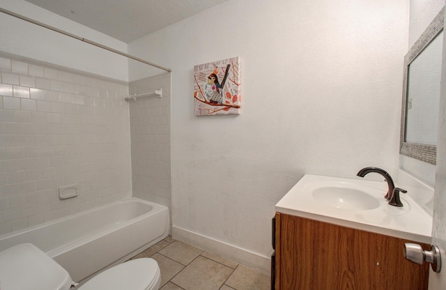 full bathroom with tiled shower / bath, vanity, toilet, and tile patterned flooring