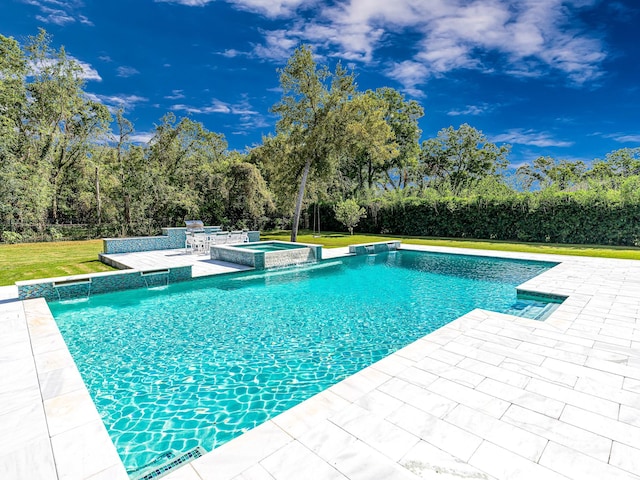 view of swimming pool featuring an in ground hot tub, pool water feature, a yard, and a patio