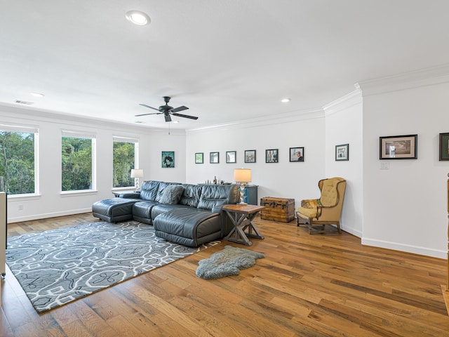 living room with ornamental molding, hardwood / wood-style floors, and ceiling fan