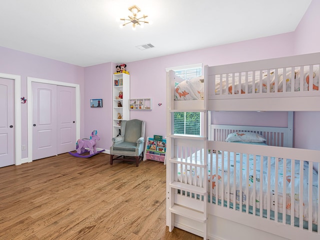 bedroom featuring multiple closets and wood-type flooring