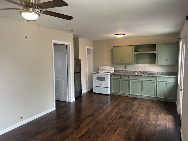 kitchen featuring sink, white electric range, dark wood-type flooring, black refrigerator, and green cabinetry