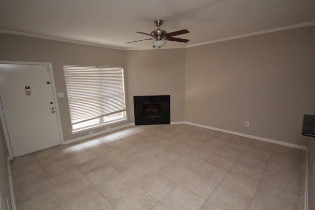 unfurnished living room with light tile patterned floors, crown molding, and ceiling fan