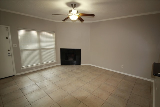 unfurnished living room with ornamental molding, light tile patterned floors, and ceiling fan