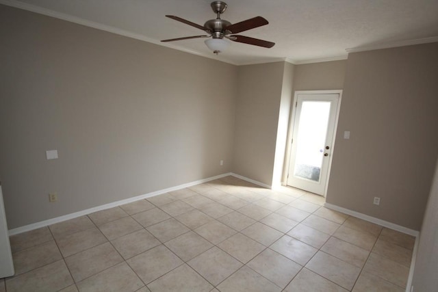 unfurnished room with light tile patterned floors, crown molding, and ceiling fan